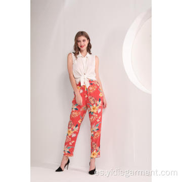 Pantalones de tobillo con estampado floral tropical para mujer